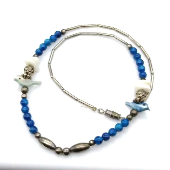 Vintage Rose Beads Necklace in Silver Tone with Blue, Mother of Pearl and Carved - Picture 4 of 4